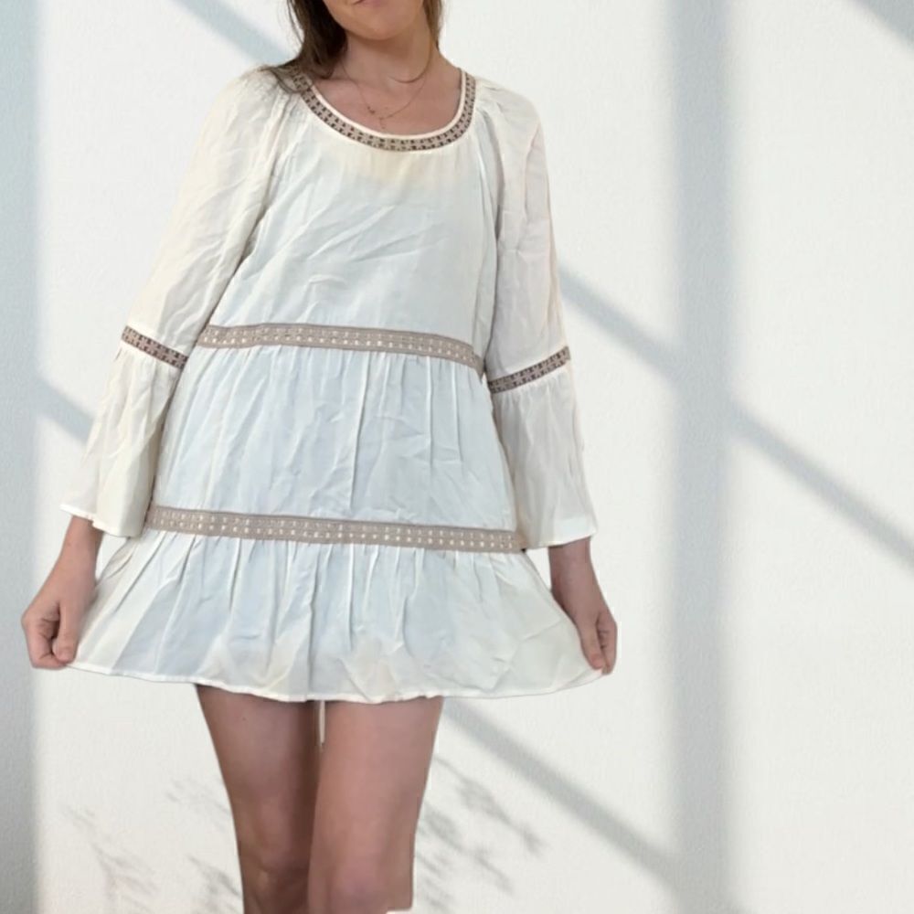 Spense Off White Bell Sleeve Tiered Cream and Tan Lace Dress Tunic‎